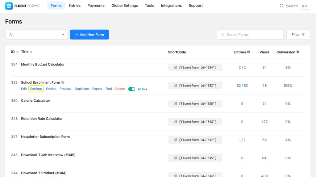 Navigating to the Settings of a specific form